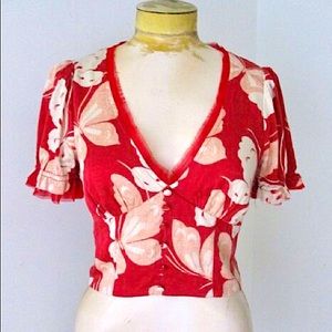 Urban Outfitters Red Butterfly Silky V-Neck Crop Top